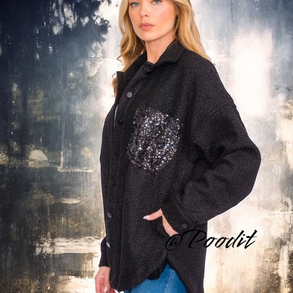 PEACH LOVE CALIFORNIA Black faux Sherpa sequin pocket jacket S M L - Picture 4 of 9